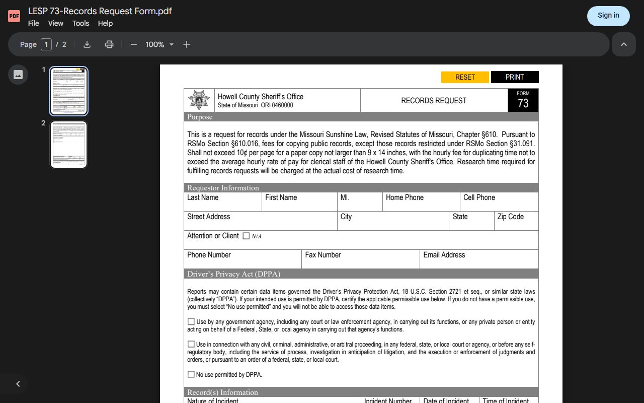 Howell County Sheriff's Office Form 73 records request viewer